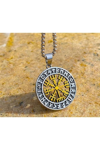Paslanmaz Çelik Altın Renk Detaylı Vegvisir Pusula Viking Kolye Altın - Gümüş