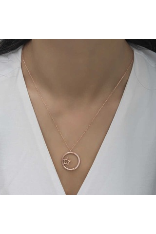 925 Ayar Gümüş Yıldız Detaylı Halka Kadın Gümüş Kolye Rose Gold