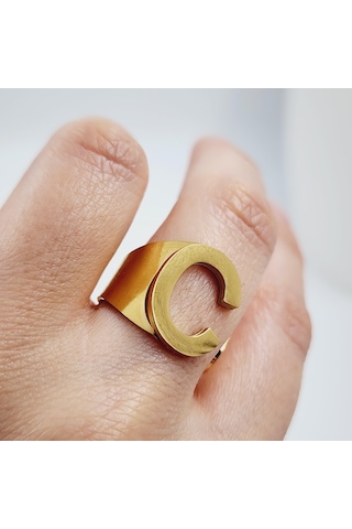 Çelik Gold Düz Kesim Harf Yüzük -c Harfi- Ayarlı Ölçü-1890 Altın