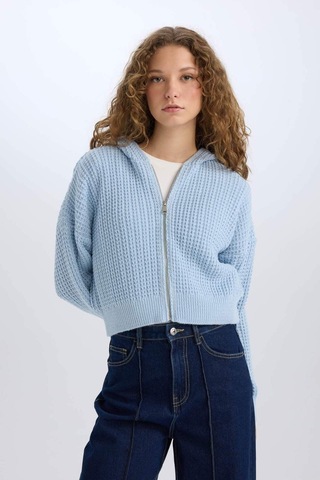 DeFacto Regular Fit Kapüşonlu Fermuarlı Triko Hırka E2269AXNSBE698 Mavi