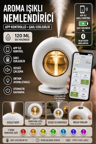 Ultrasonik Hava Nemlendirici Aroma Difüzör 120ml Usb Ve Pilli Çalışan Uygulama Kontrolü Zaman Ayarlı Beyaz