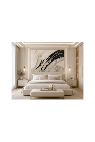 Modern Soyut Siyah Altın Kanvas Tablo Bej Mermer Dokulu Lüks Duvar Dekoru Gold Çizgili Minimalist Salon, Ofis, Yatak Odası Ve Antre Tablosu Premium Çağdaş Sanat Eseri