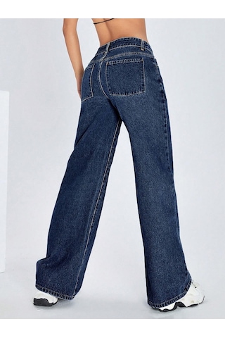 Straight Kadın Denim Pantolon Koyu Yıkamalı Mavi
