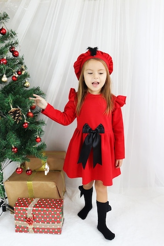 Kız Çocuk Kırmızı Sofia Pamuklu Fiyonk Detaylı Elbise Kep Abiye Takım Kırmızı