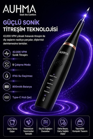 Ultrasonic Şarjlı Elektrikli Akıllı Diş Temizleme Cihazı Beyazlatıcı 5 Mod 3+1 Başlık, Ipx8 Su Geçirmez Siyah Diğer