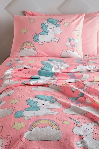 Enlora Home Baskılı Pike Takımı Tek Kişilik Unicornio Pembe