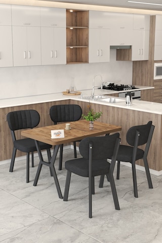 Gnr 70x110cm Sabit Atlantik Mutfak Masası Takımı, Yemek Masası, 4 Modern Siyah Sandalye Siyah