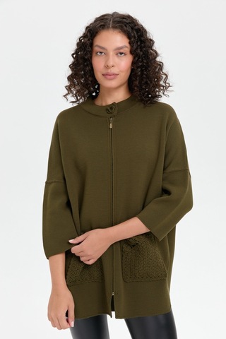 Kadın Dik Yaka Cebi Gül İşlemeli Fermuarlı Kısa Panço Haki Haki