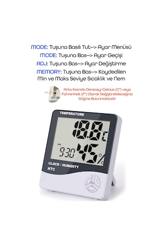 Termometre Nem Ölçer Alarm Saat Ekranlı Oda Sıcaklık Ölçer Duvara Uygun Masaüstü Isı Göstergesi 3240