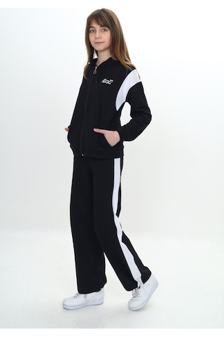 Toontoy Kids Toontoy Kız Çocuk 2'li Takım Baskılı Kapüşonlu Fermuarlı Cepli Sweatshirt & Beli Lastikli Paçası Ayarlanabilir Eşofman Altı - Garni Detaylı & 2 İplik Siyah