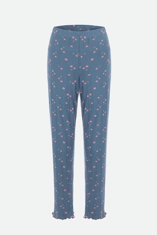 Kadın Pamuklu Çıtır Çiçek Desenli Baby Overloklu Fiyonk Detaylı Uzun Kollu Pijama Takımı Mavi - Pembe