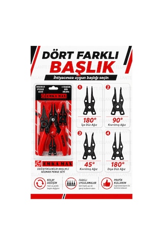4 Başlıklı Segman Pense Seti İç & Dış Segman Uyumlu Değiştirilebilir Uçlu Profesyonel Karbon Çel