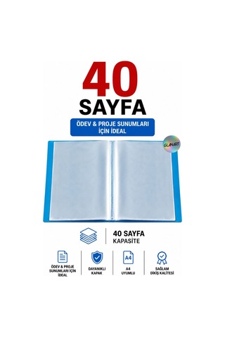 A4 Boy İçin Noki Sunum Dosyası 40 Sayfa Hazır Poşetli Dosya 1 Adet Mavi