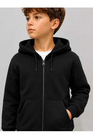 Ela Kapşonlu 3 İp Şardonlu Kışlık Sweatshirt Siyah