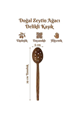 Kamptek Ahşap - %100 Doğal Zeytin Ağacı Delikli Mutfak Kaşığı 30 Cm Ahşap