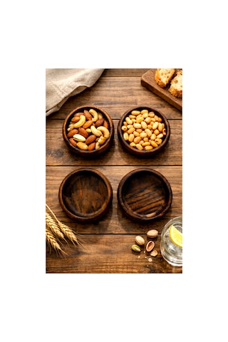CH woodline Ceviz Ağacı Çerezlik Kase Seti 4 Adet 12 Cm El Yapımı Doğal Ahşap Kase, Masif Ceviz, Kahvaltılık Ve Sunumluk Kase Set -