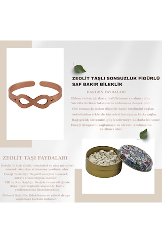 Kadın Zeolit Taşlı Sonsuzluk Figürlü Doğal Saf Bakır Bileklik Bakır