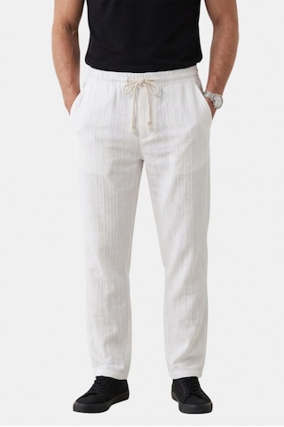 Deep Sea Deepsea Beyaz Çizgi Dokulu Rahat Kesim Yazlık Spor Pantolon Hafif Kumaş Modern Tasarım 2600263