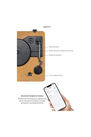 Şarj Bluetooth Aux Iğne Dahil Hoparlörlü Pikap Plak Çalar Ahşap