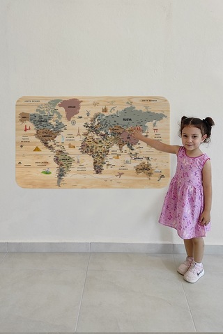 Ahşap Görünümlü Türkçe Eğitici Detaylı Atlası Dünya Haritası Duvar Sticker-85x130-3844 Çok Renkli