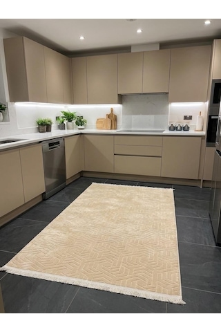 Dinar Armoni Saçaklı Kaymaz Tabanlı Kesme Kabartmalı Yıkanabilir Salon Koridor Halı Yolluk Bej