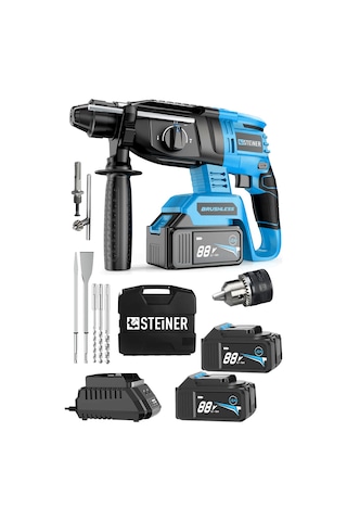 Steiner 88V 5Ah Çift Akülü Darbeli Kırıcı Delici Matkap Mavi + Mandren + 5 Parça Uç