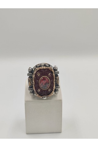 Kırmızı Kehribar Taşlı Çiçekli İslam Usta Eseri 925 Ayar 24 Mm