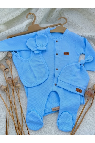 Erkek Bebek Yeni Doğan Mavi Waffle 5 Parça Hastane Çıkışı Mavi