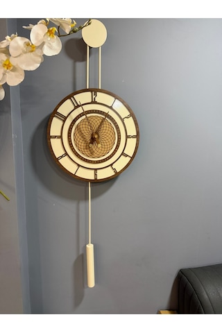 Metaquartz Aksesuar Ekru-ceviz Pendulum Full Çelik - Metal Ledli Duvar Saati Krem-ceviz