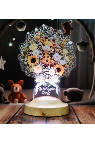 Zürafalı Ayçiçeği Işıklı Çiçek Buketi Led Lamba - Kişiye Özel Çocuğa Doğum Günü Hediyesi, Bebek Ve Çocuk Odası Lambası Zürafalı Ayçiçeği Işıklı Buketi