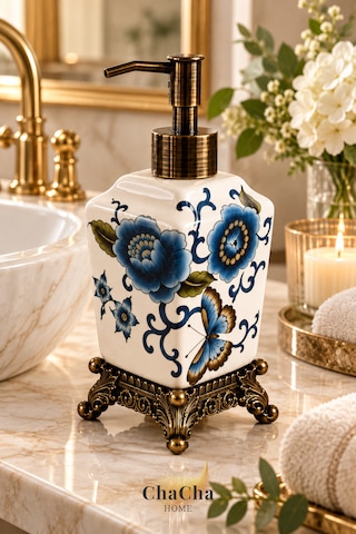 Chacha Home Aurelia Seramik Sıvı Sabunluk 470 Ml Antik Bronz Görünümlü Ayaklı Ve Pompalı 22 Cm Mavi