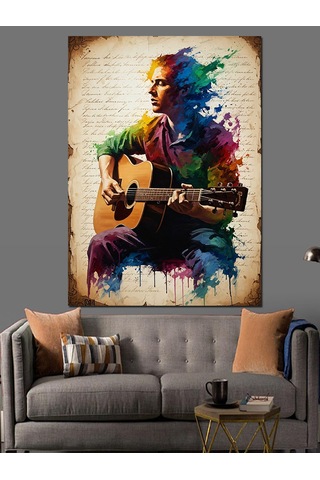 Ahşap Tablo Gitar Çalan Renkli Sanatçı Dekoratif Tablolar