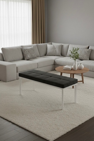 Vena 105x40 Bench - Babyface Kumaş Çımalı Döşeme Puf Bench Beyaz Ayaklı Siyah