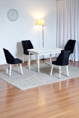 ARVEN Beyaz MDF 70x110 Sabit Mutfak Masası Takımı Beyaz Metal Ayak 4 Siyah Sandalye