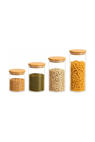 Bambu Kapaklı Cam Saklama Kavanozu Seti, 4'lü, 200ml, 250ml, 300ml, 390ml, Borosilikat Cam, Sızdırmaz Silikon Conta Çok Renkli