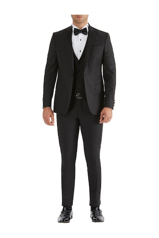 Efor Black 034 Slim Fit Yelekli Çıkarılabilir Saten Yaka Siyah Damatlık Smokin Takım Siyah