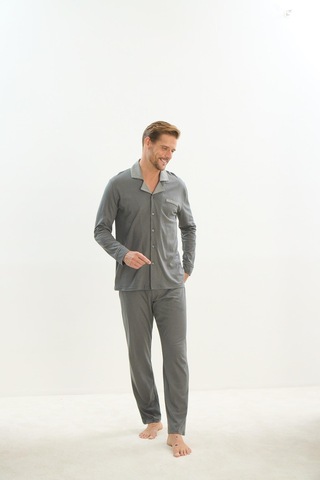 Erkek Uzun Kol Gömlek Yaka Önden Düğmeli Yeşil Pijama Takım C7t2n5o9 001