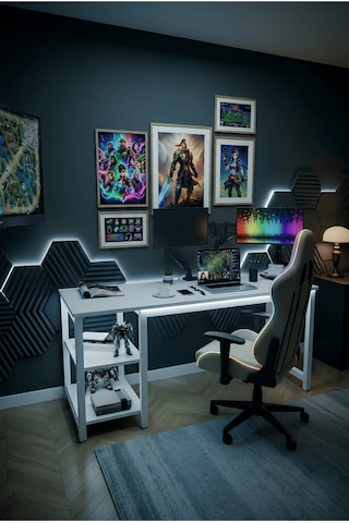 Reflekta Raflı Oyuncu Masası 60x160 Cm. Gaming Masa Demonte Beyaz-beyaz