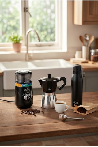 Any Morning Espresso Seti: 240 Ml Moka Pot + 600 Ml Çelik Termos + Elektrikli Ayarlanabilir Öğütücü