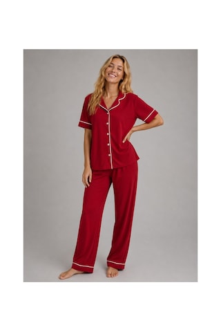 Rindahomewear Kadın Pamuklu Örme Kumaş Kırmızı Kısa Kol Düğmeli Arabiyeli Pijama Takım Kırmızı