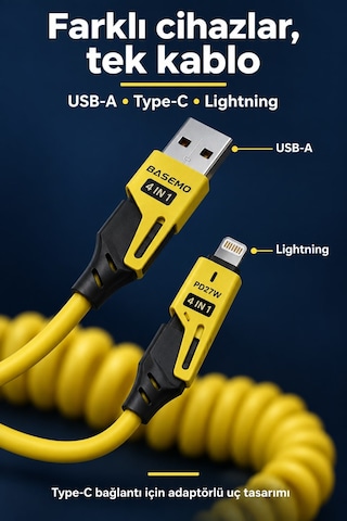 Spiral Esnek Usb Type-c Ve Lightning Şarj Kablosu 1.5 Metre