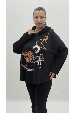 Büyük Beden Kapüşonlu Taşlı Uzun Kol Oversize Kadın Sweatshirt Siyah