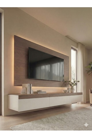 Purelıne Ledli Duvar Tv Ünitesi 180 Cm Ceviz Beyaz Ceviz-beyaz 160 Cm