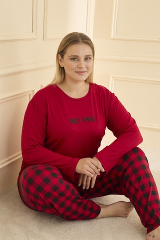 Mihra Kadın Pijama Takımı Büyük Beden & Battal Uzun Kol Kırmızı