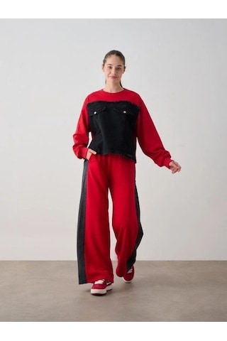 Kız Çocuk Mevsimlik Altı Denim Cepli 3 İplik Sweatshirt-14777 Kırmızı