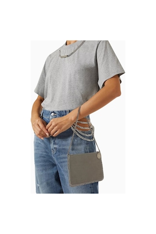 Stella Mccartney Falabella Shaggy Deer, Gri Vegan Deri Zincir Detaylı Lüks Pochette Omuz Çantası