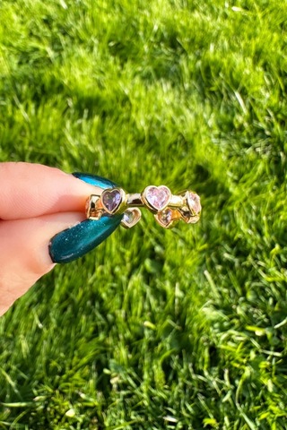 Gold Zirkon Pembe Taşlı Kalp Yüzük Pembe