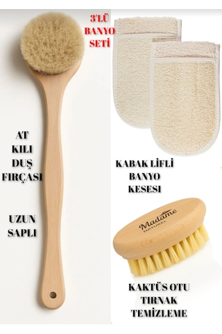 Üçlü Banyo Seti At Kılı Banyo Sırt Fırçası+ Kaktüs Otu Tırnak Temizleme+ Eldiven Kabak Lifli Banyo Lifi Suya Dayanıklı Kayın Ağacı