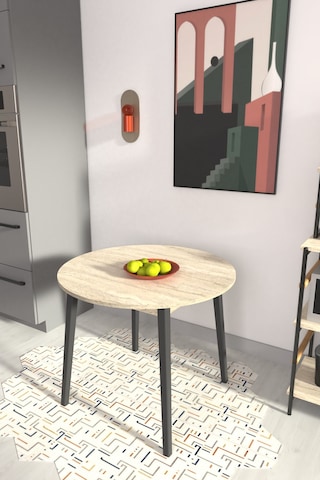 Vilinze Avanos Ahşap Siyah Ayak Yuvarlak Sabit Mdf Traverten Mutfak Masası - Q90 Cm