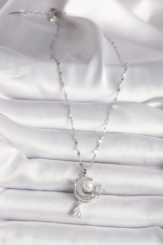 316l Çelik Gümüş Renk Zirkon Taşlı Ay Yıldız Sallantı Detay Kadın Kolye Çok Renkli